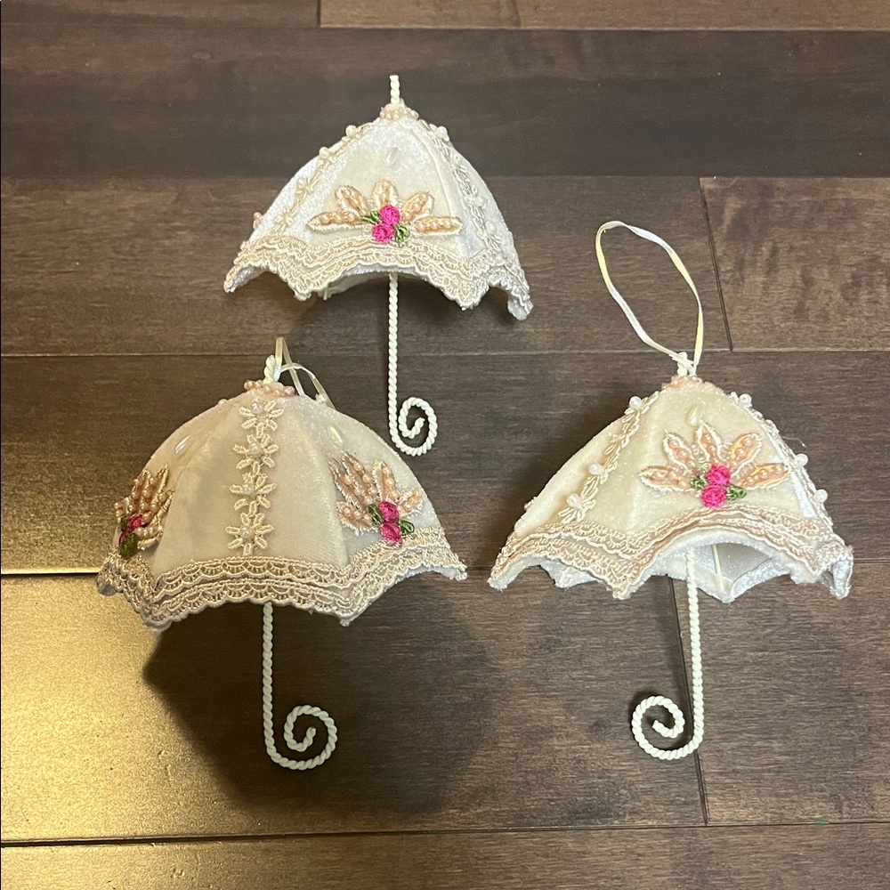 Vintage Victorian Style Satin Parasol Christmas Ornaments - Set of 3